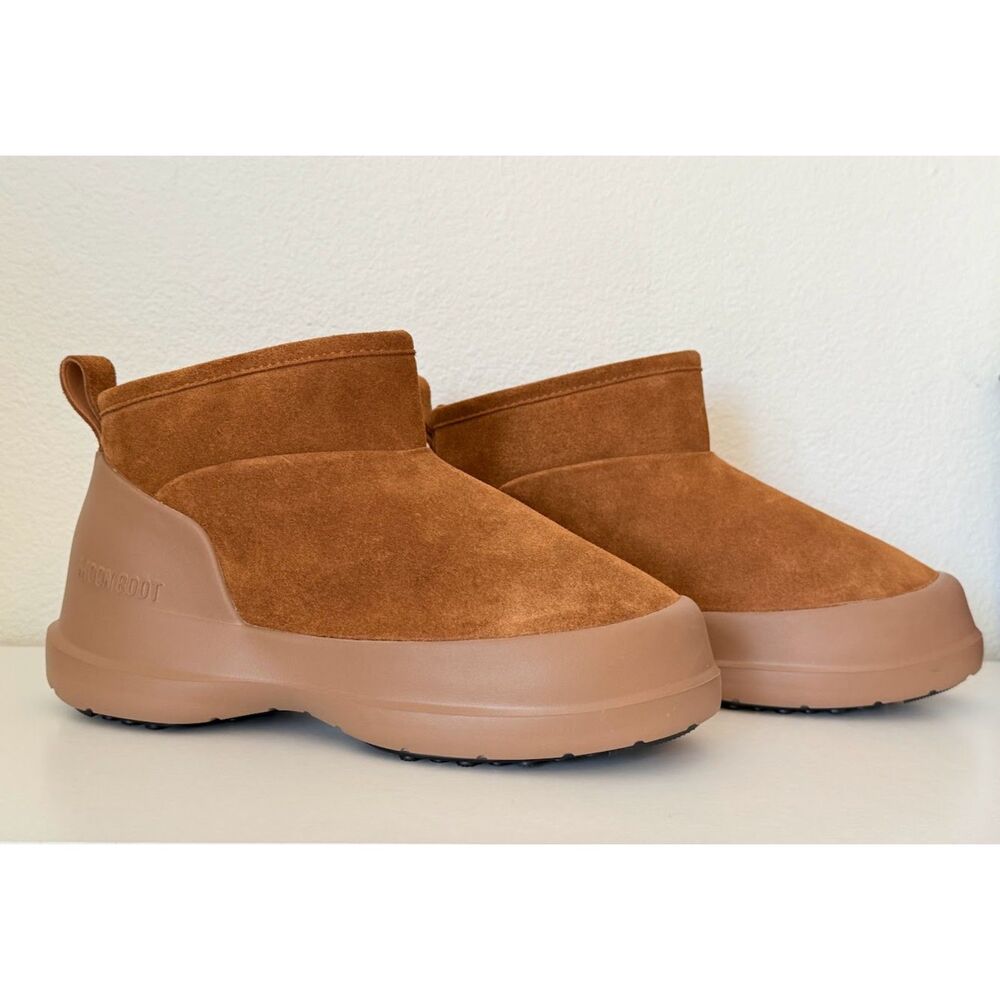 Moon Boot Mezzaluna Brown Suede Ankle Booties with Faux Fur in Cognac 6 NWOT